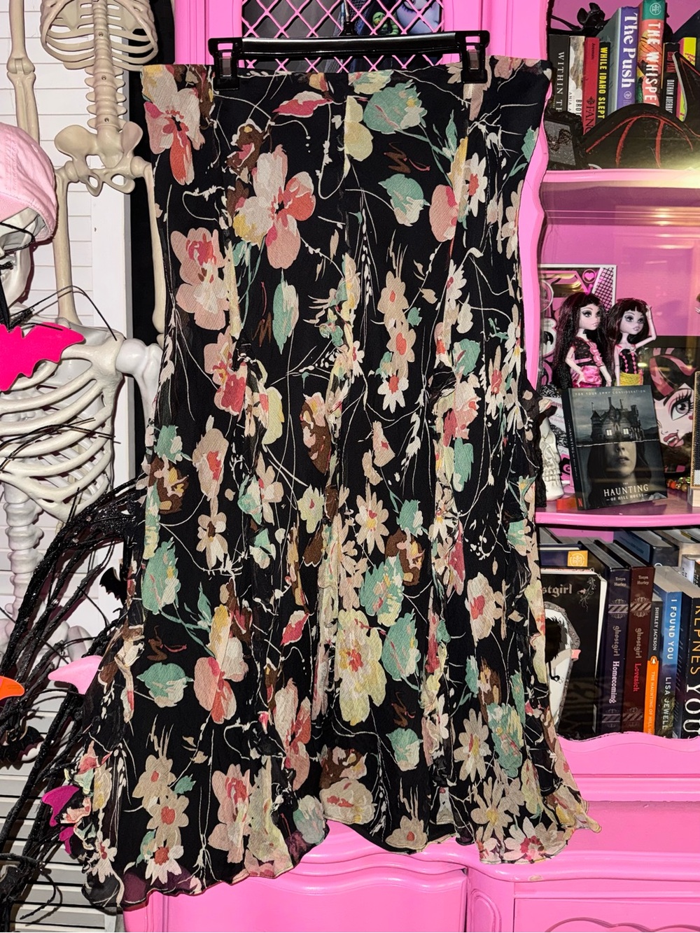 Ralph Lauren Black Floral Maxi silk ruffle skirt with Pink and Green Blooms